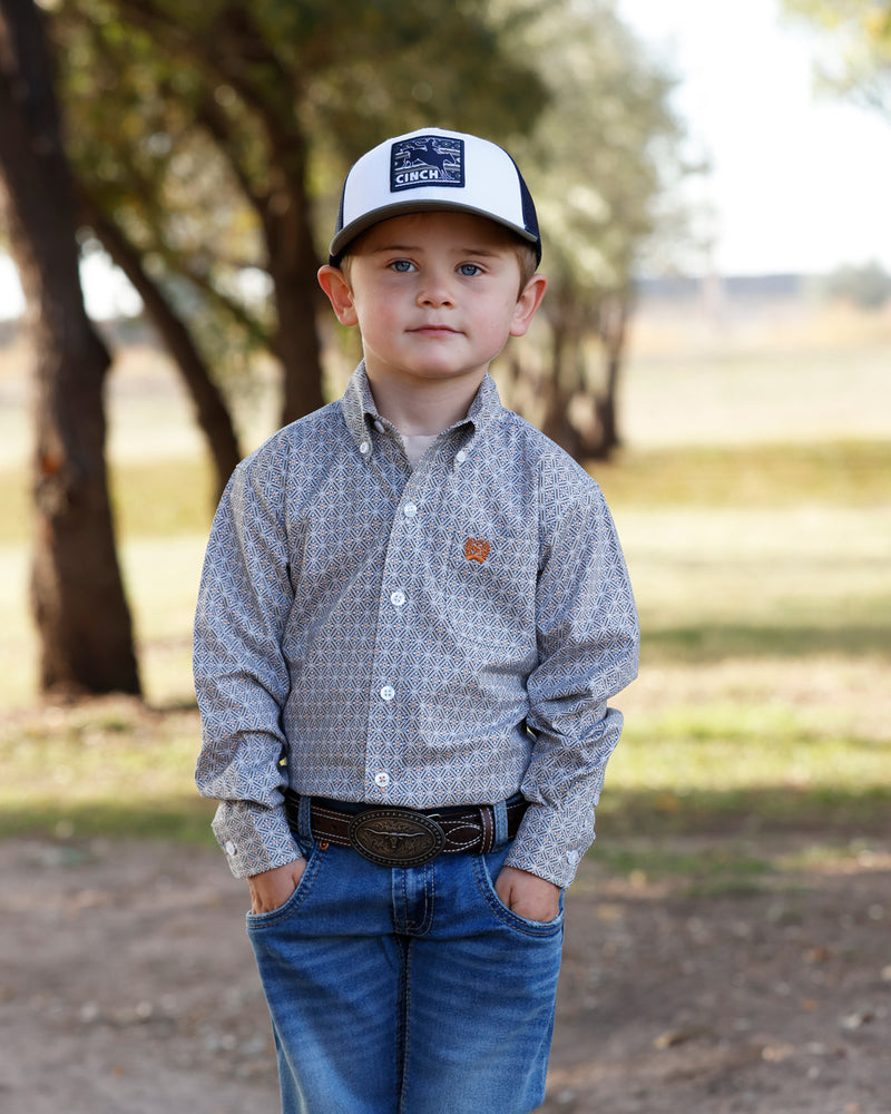 Cinch Boy's White Geo Print Long Sleeve Button Down Shirt MTW7061423