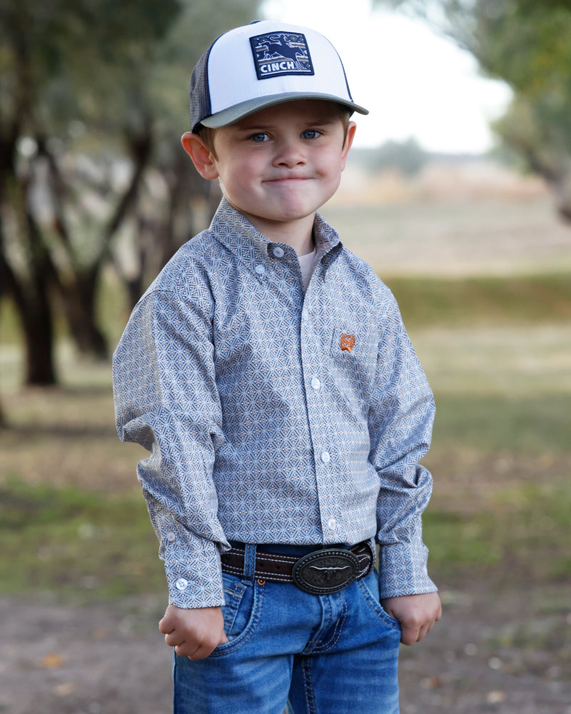 Cinch Boy's Infant White Geo Print Long Sleeve Button Down Shirt MTW7062423