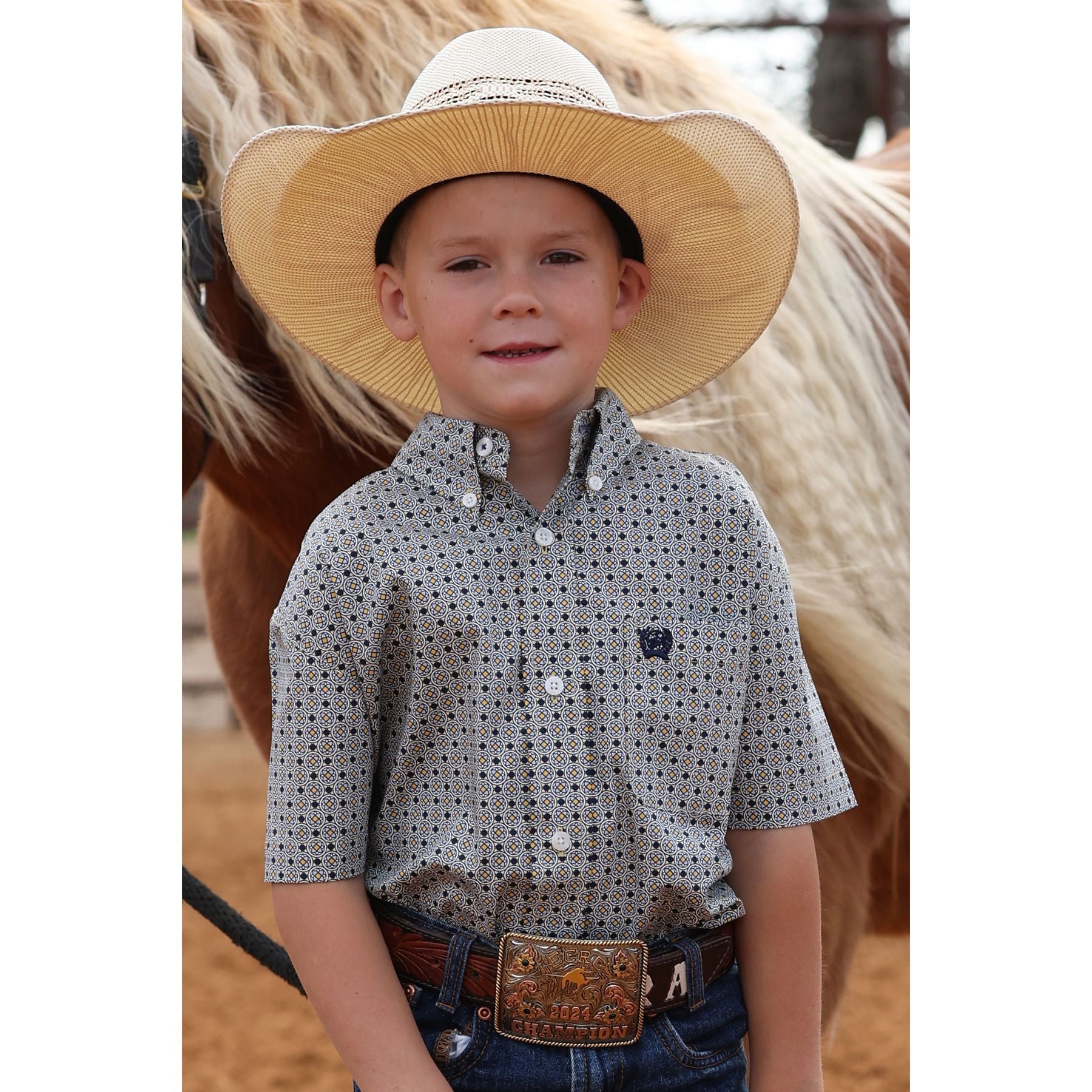 Boy's Cinch Short Sleeve Geometric Print Button Up Shirt MTW7140039