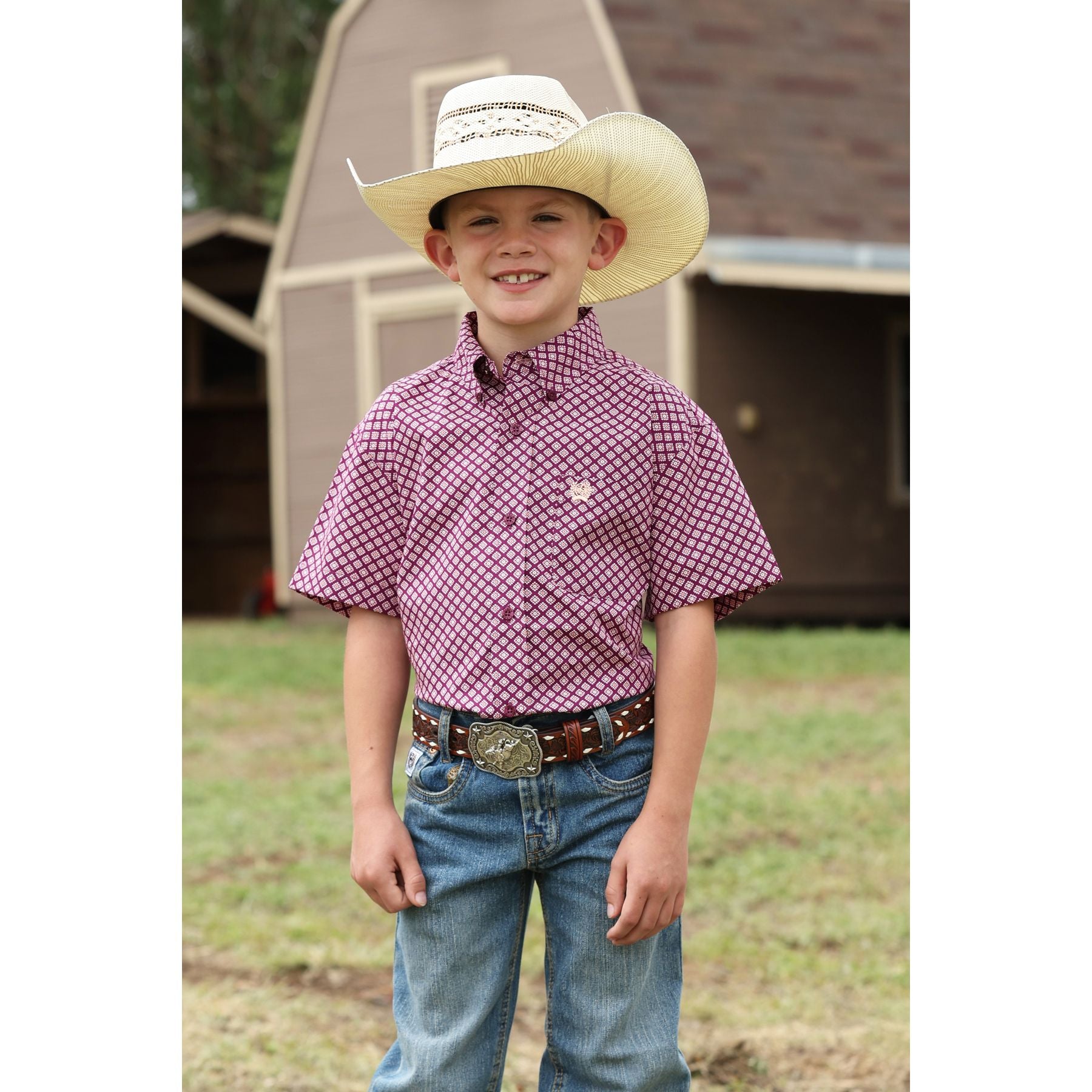 Boy's Cinch Short Sleeve Purple Geo Printed Button Down Shirt MTW7140041