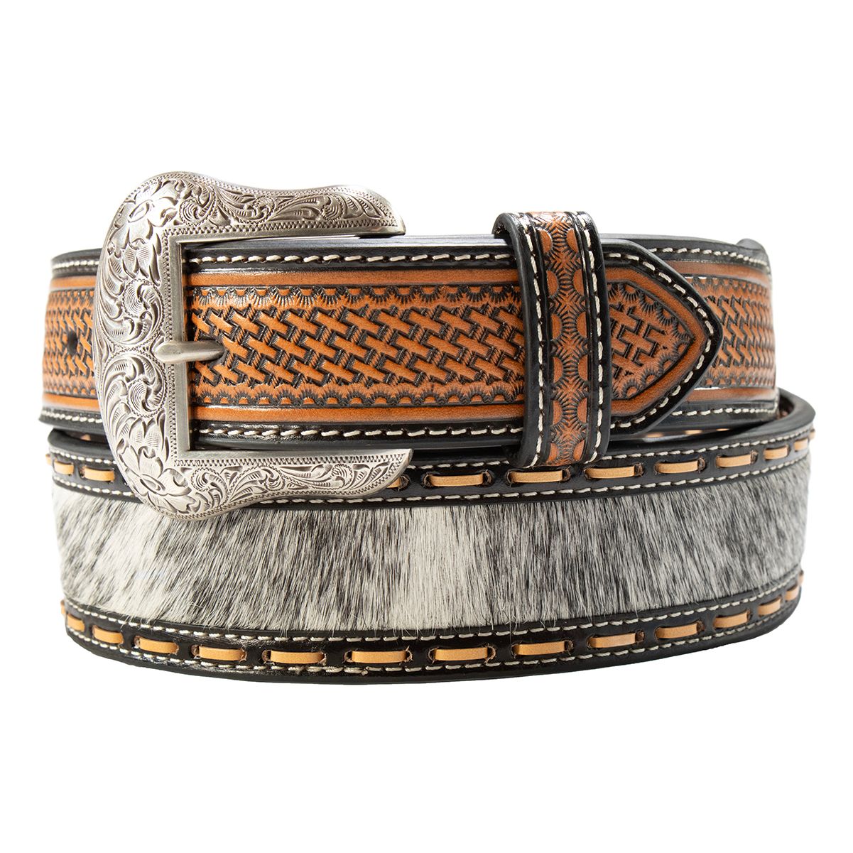 Men's Nocona Black and White Calf Hair Inlay Leather Belt 
