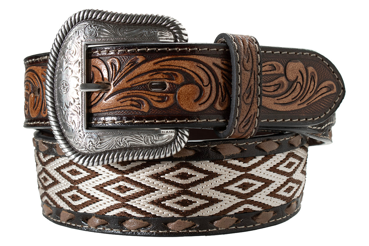 Nocona Men's Diamond Embroidered Brown Leather Belt 