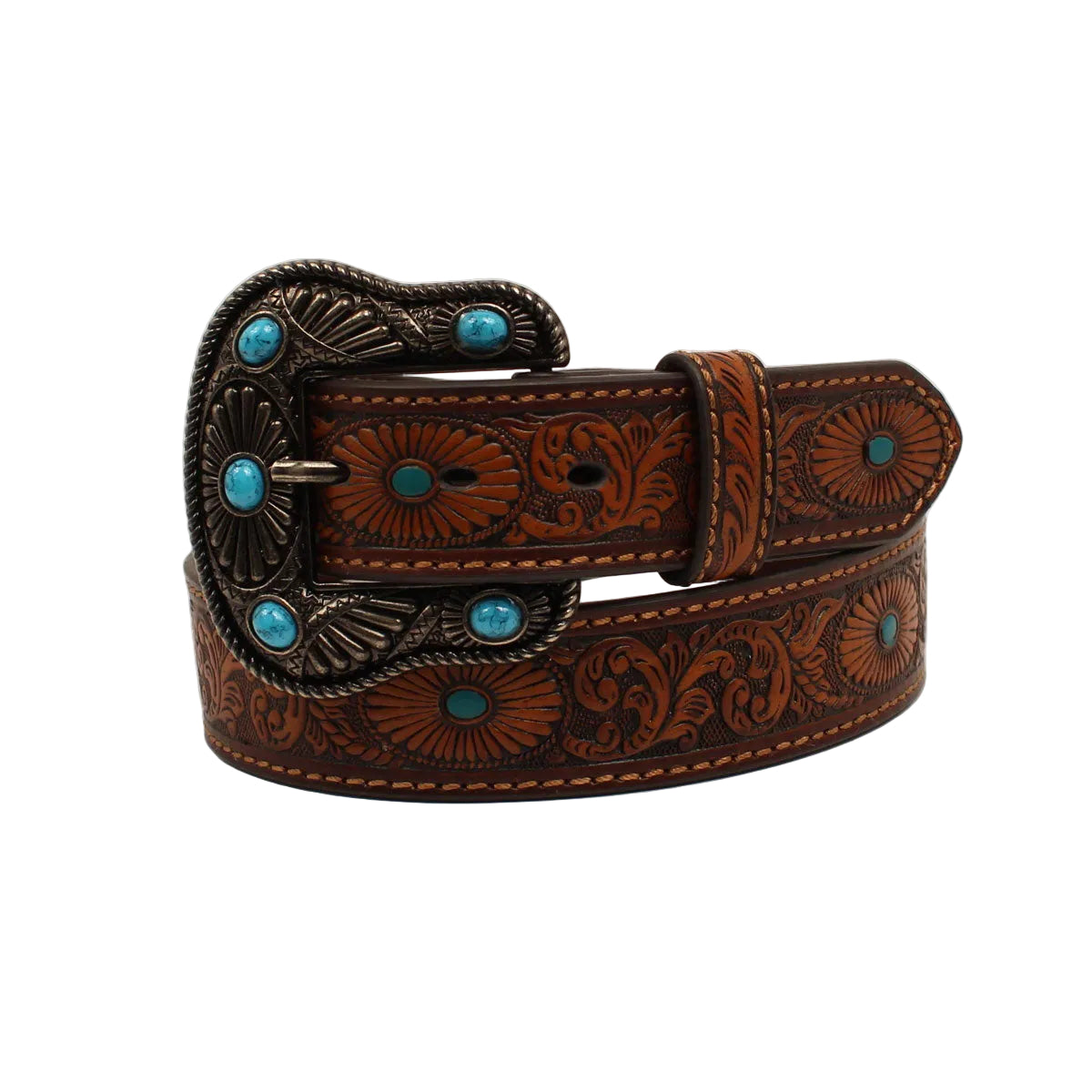 Nocona Women's Turquoise Starburst Tooled Leather Belt 