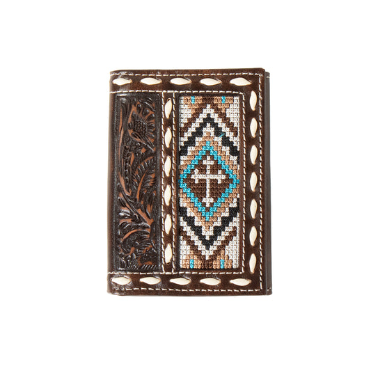 Men's Nocona Tri-Fold Wallet With Floral Leather Tooling N500044602 - Crazy House Western Wear
