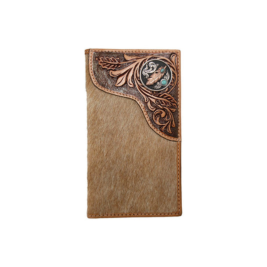 Men's Nocona Tan Rodeo Style Calf Hair & Tooled Leather Overlay Wallet N500048808 - Crazy House Western Wear