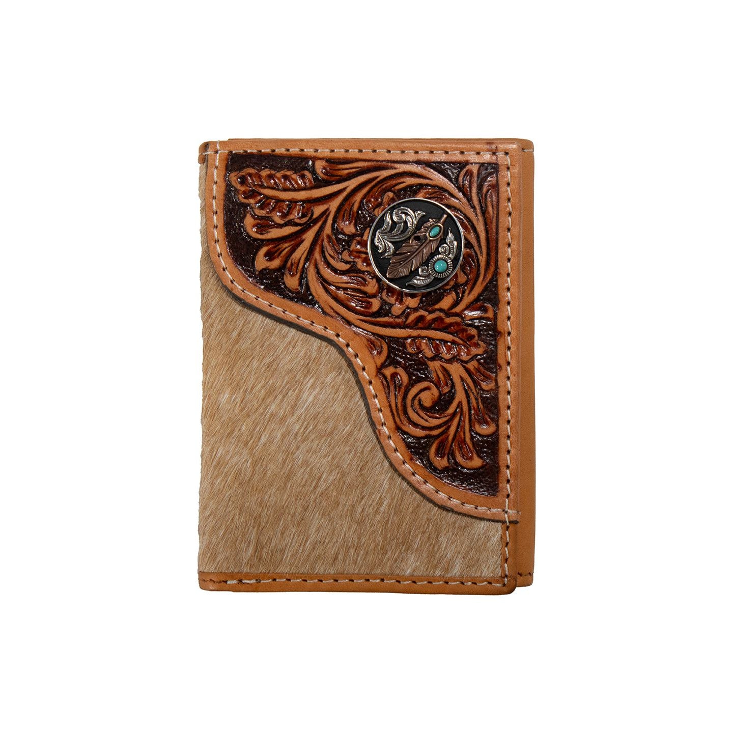 Men's Nocona Tan Bifold Calf Hair and Tooled Leather Overlay Wallet N500048908 - Crazy House Western Wear