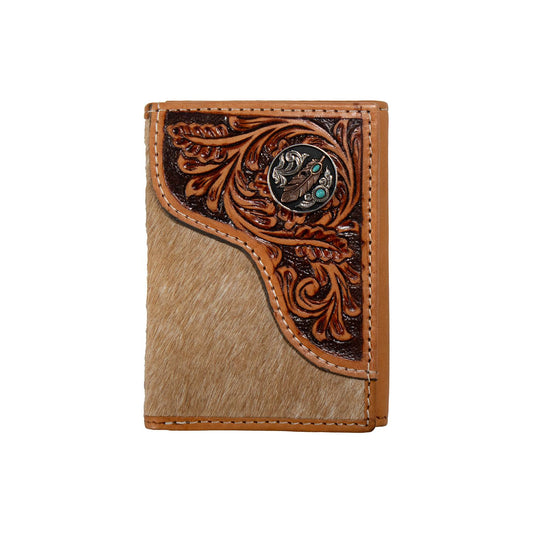 Men's Nocona Tan Bifold Calf Hair and Tooled Leather Overlay Wallet N500048908 - Crazy House Western Wear