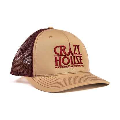 Khaki and Burgundy Snapback with Crazy House stitching - Crazy House Western Wear