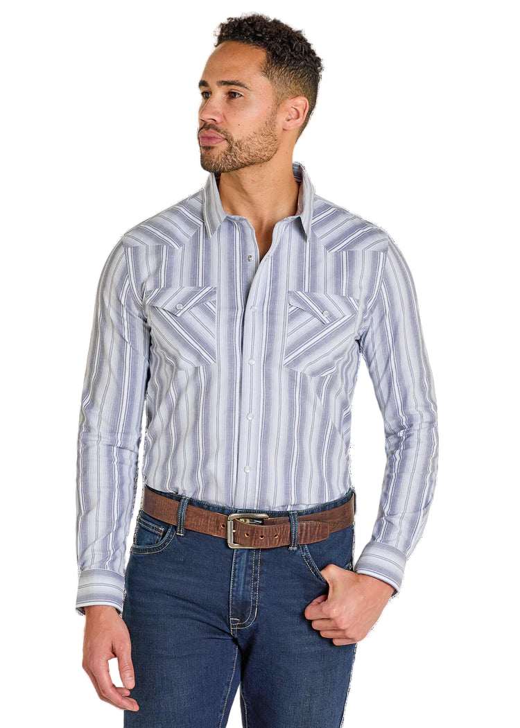 Men's Panhandle Modern Vintage Blue Stripes Long Sleeve Snap Shirt PMN2S07515