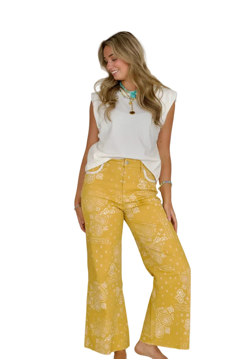 Poppy and Pine Women's Mustard Bandana Frey Hem Denim Pants 