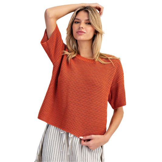 Women's  ee:some Waffle Knit Boxy Short Sleeve Sweater  SK14491