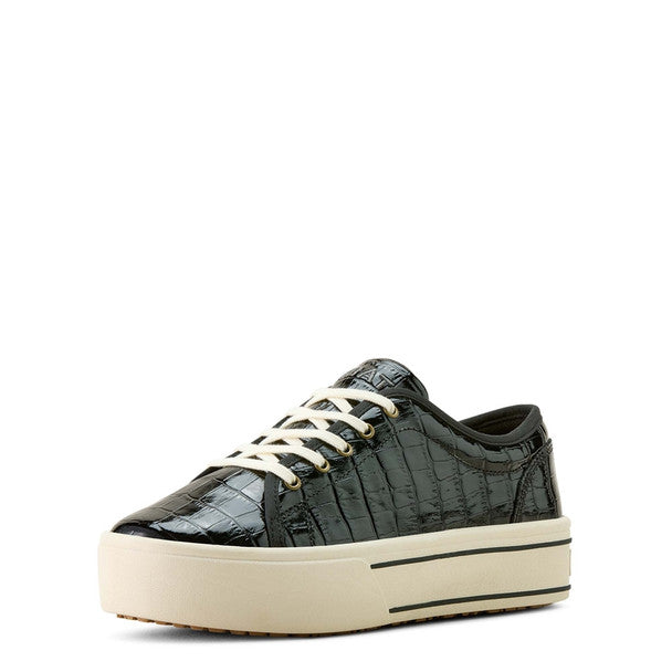 Black sneaker with white laces on a white background