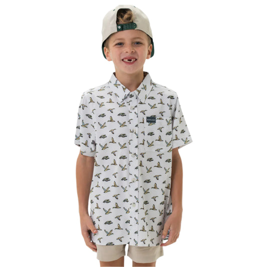 Boy's Burlebo Performance Button Up - Flying Mallard Ducks White Y-PBU-FMD