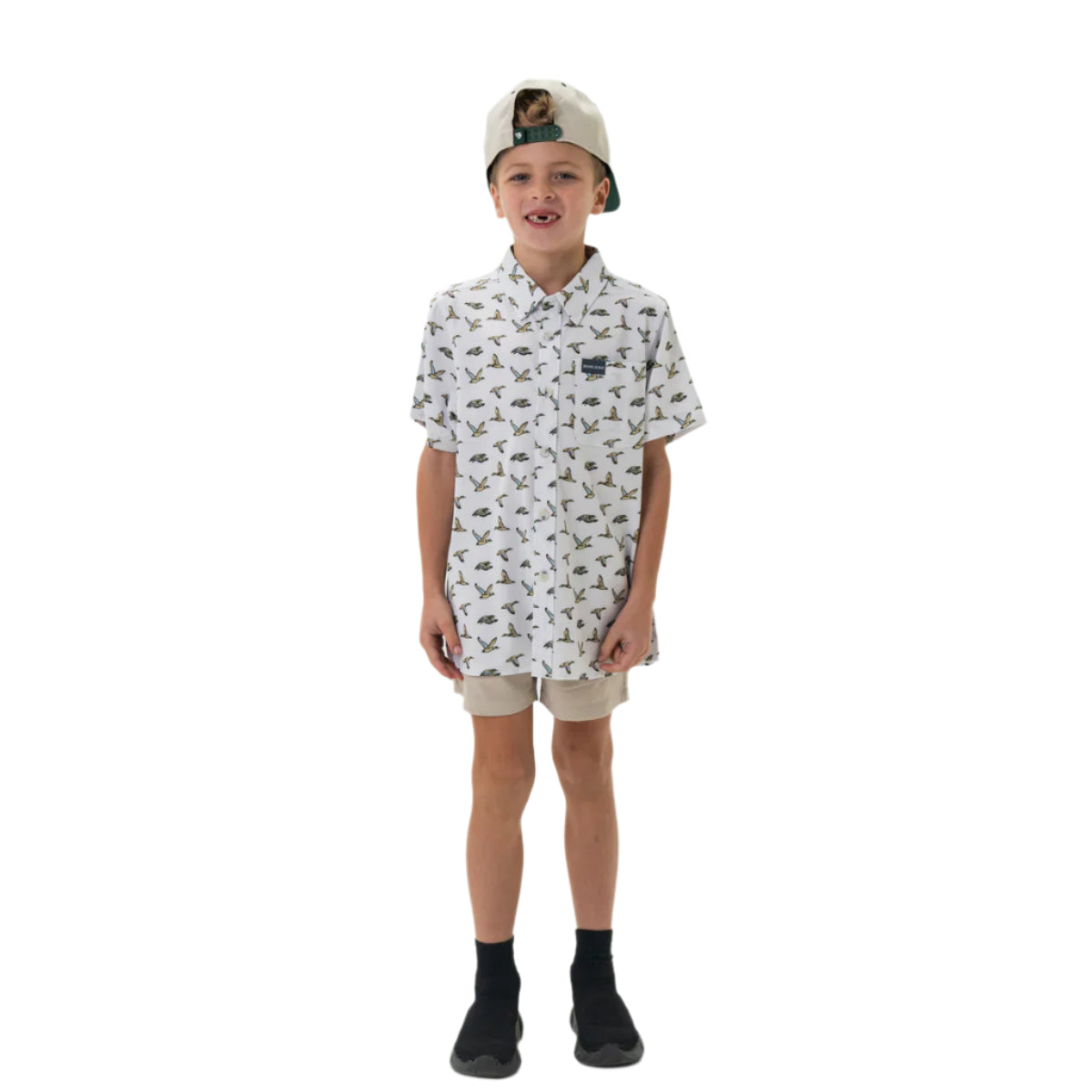 Boy's Burlebo Performance Button Up - Flying Mallard Ducks White Y-PBU-FMD