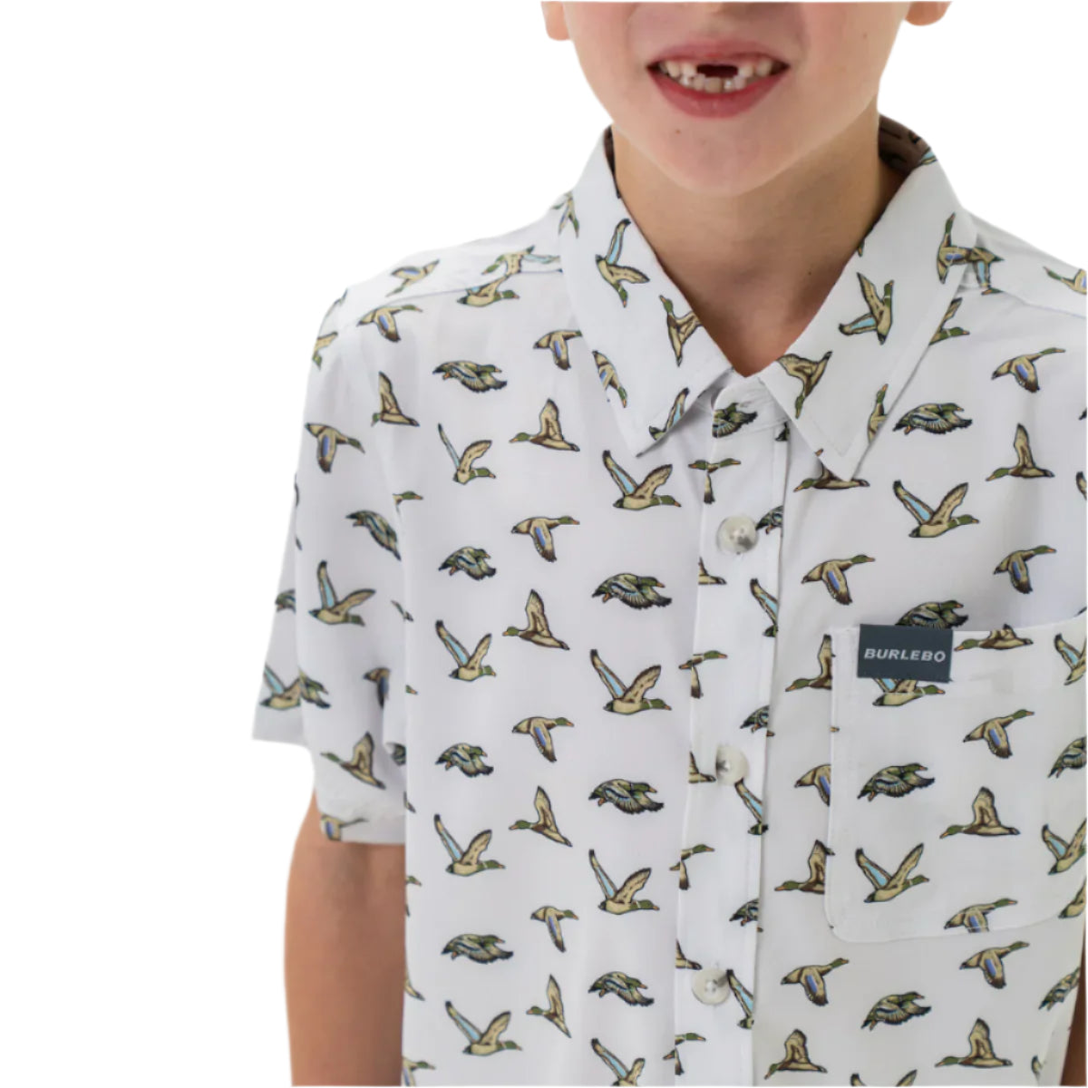 Boy's Burlebo Performance Button Up - Flying Mallard Ducks White Y-PBU-FMD