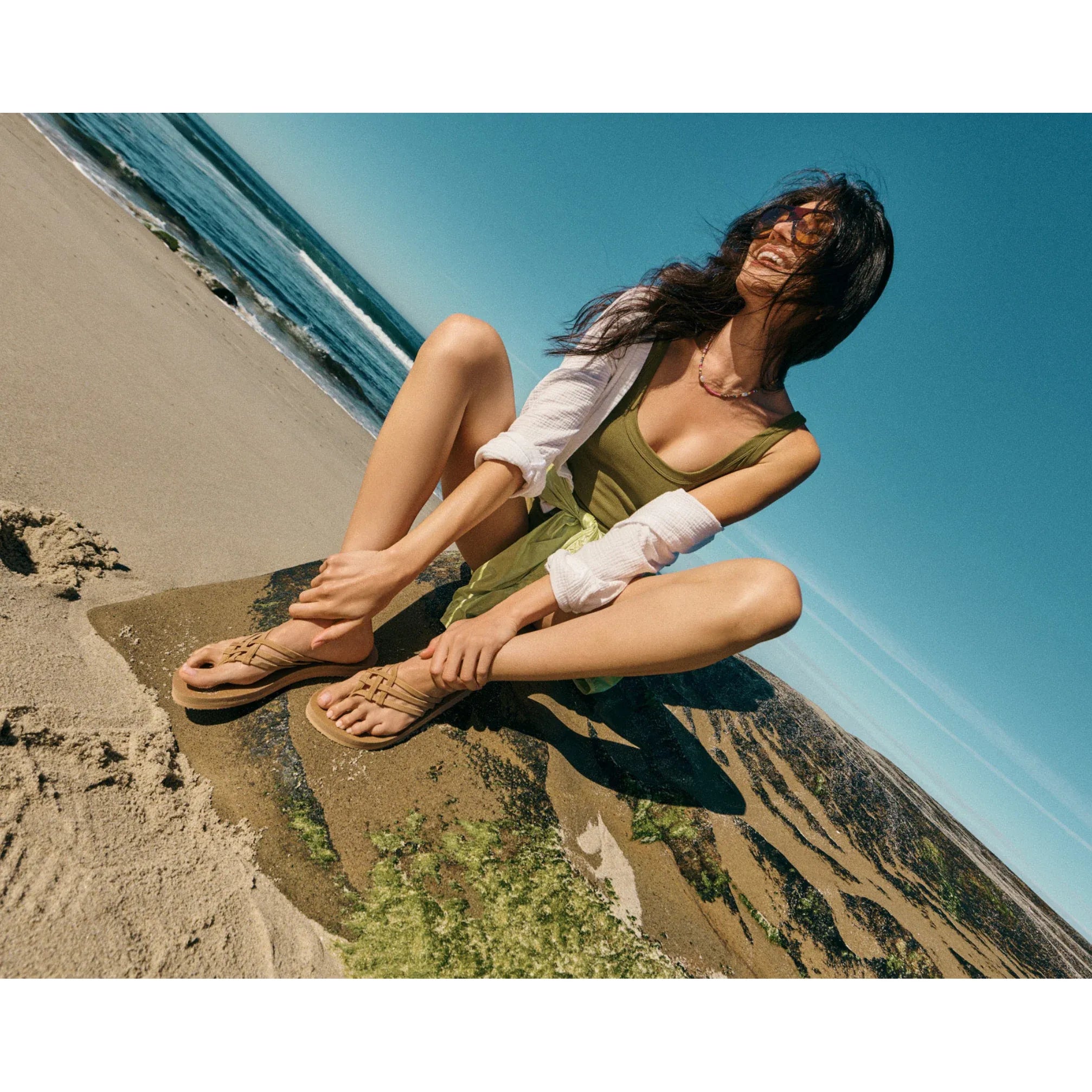 Women's Sanuk Tan and White Yoga Sandy II Flip Flops 1169691-TWT