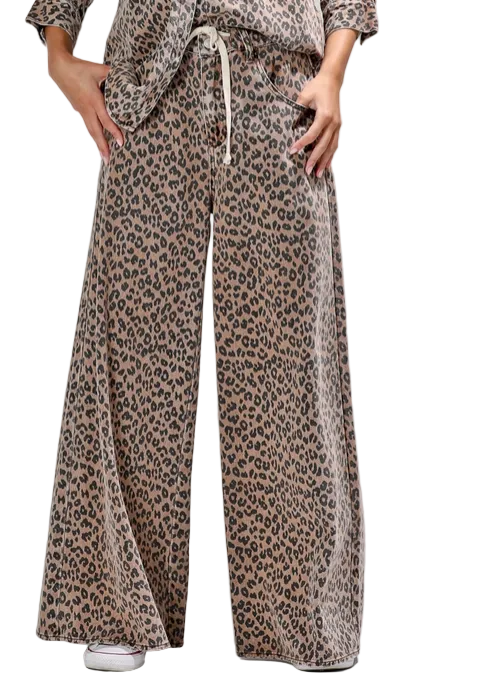 Women's Washed Leopard Wide-leg Drawstring Pants 