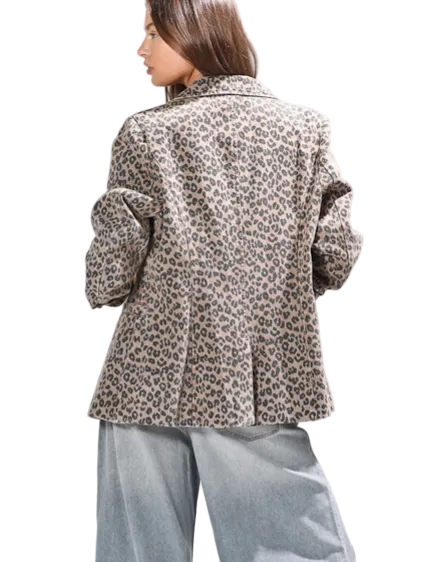 Women's Tan Leopard Print Single Button Casual Denim Blazer 