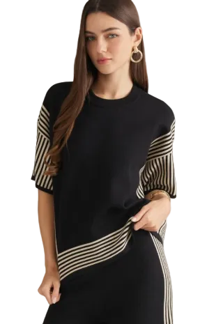 Entro Women's Black/Taupe Stripe Short Sleeve Sweater Top