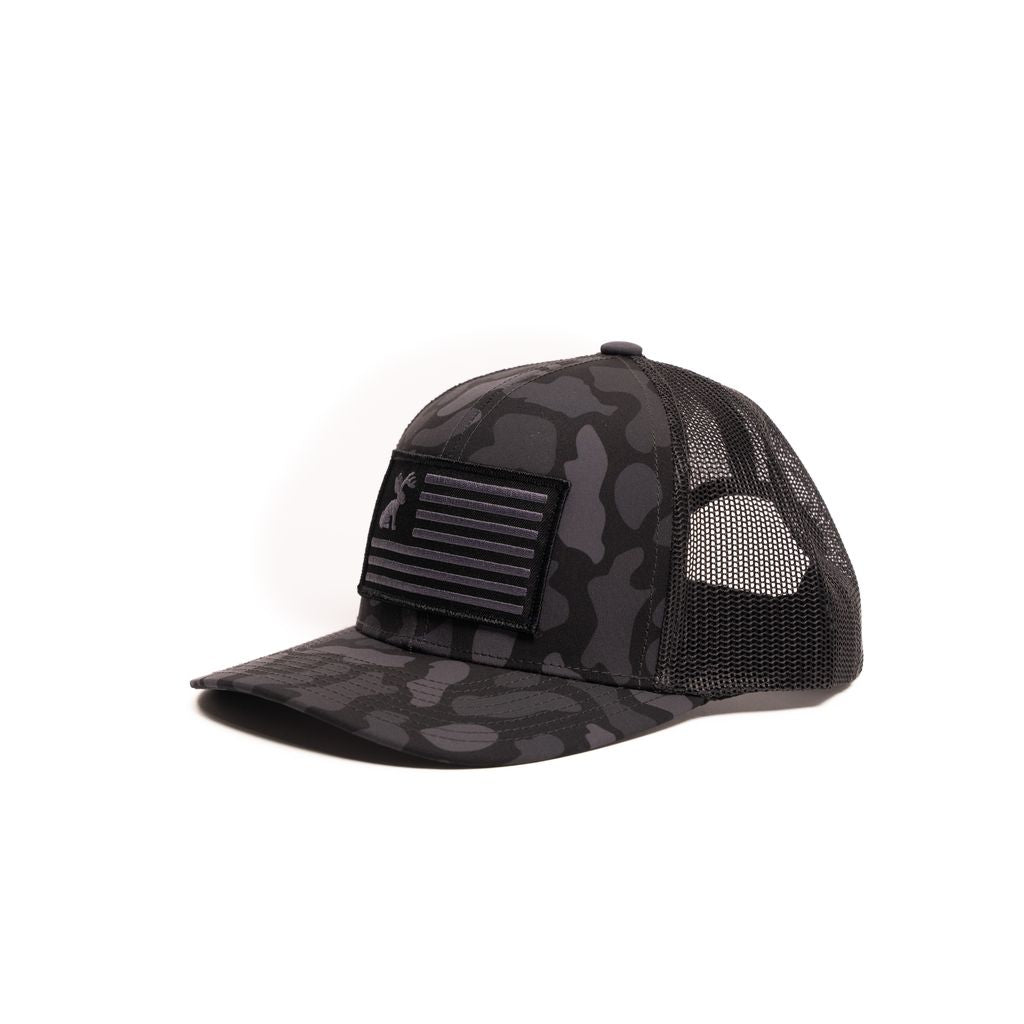 Crazy House Unisex Black Duck Camo Snapback with Jackelope Flag Patch - Crazy House Western Wear