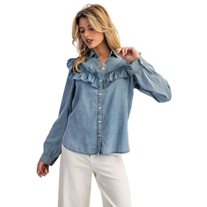 Women's Washed Denim Ruffle Button Down TH15057