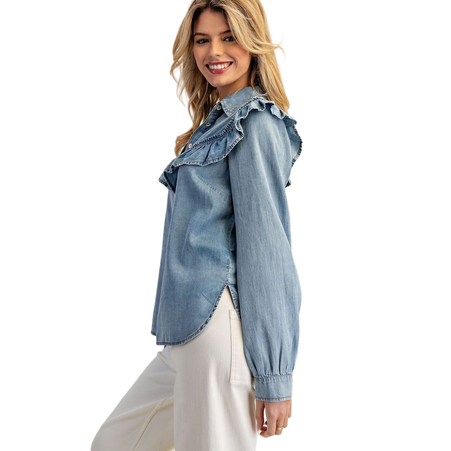 Women's Washed Denim Ruffle Button Down TH15057
