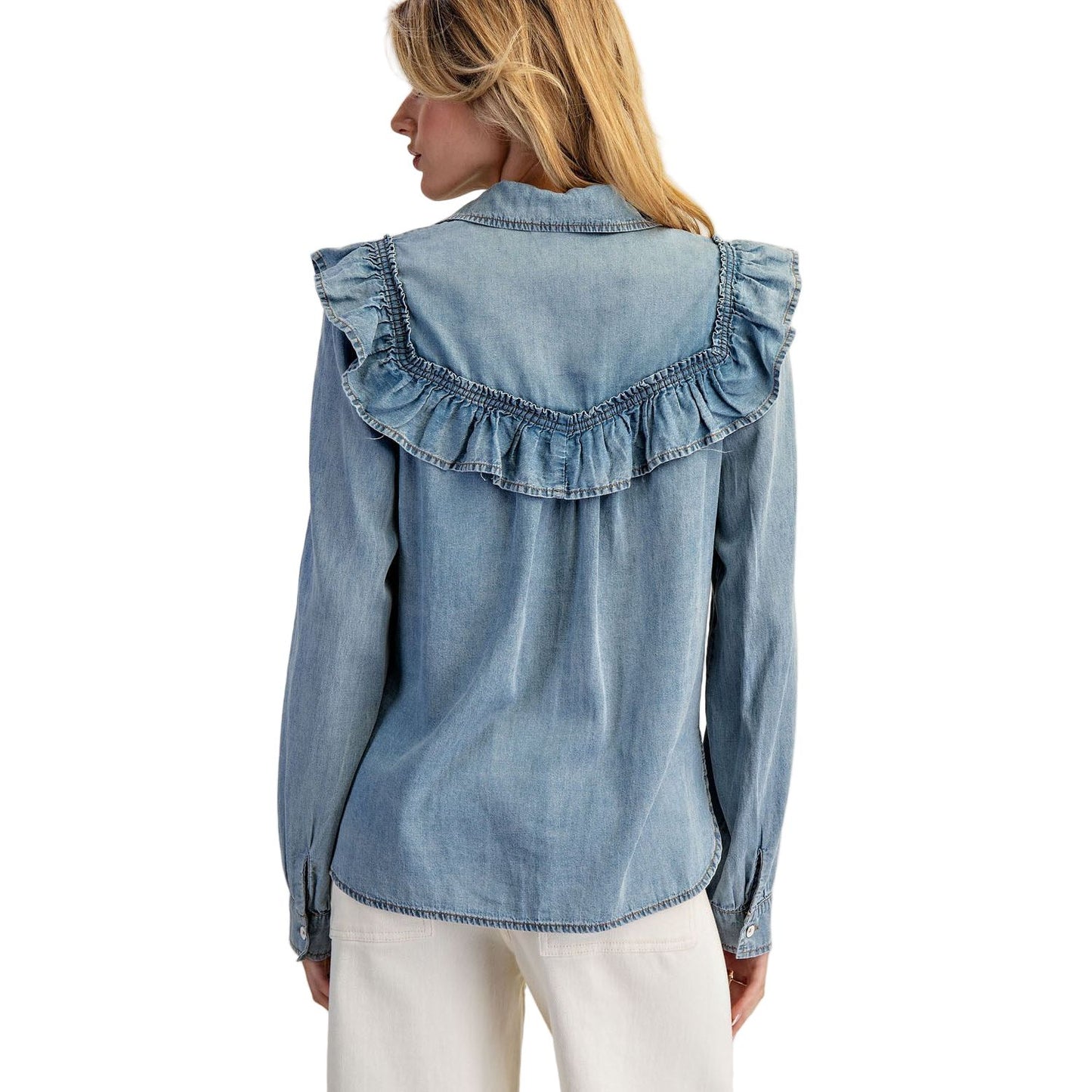 Women's Washed Denim Ruffle Button Down TH15057