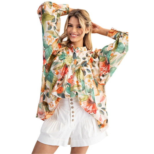 Women's ee:some Floral Printed Button Down Shirt Top TK14239