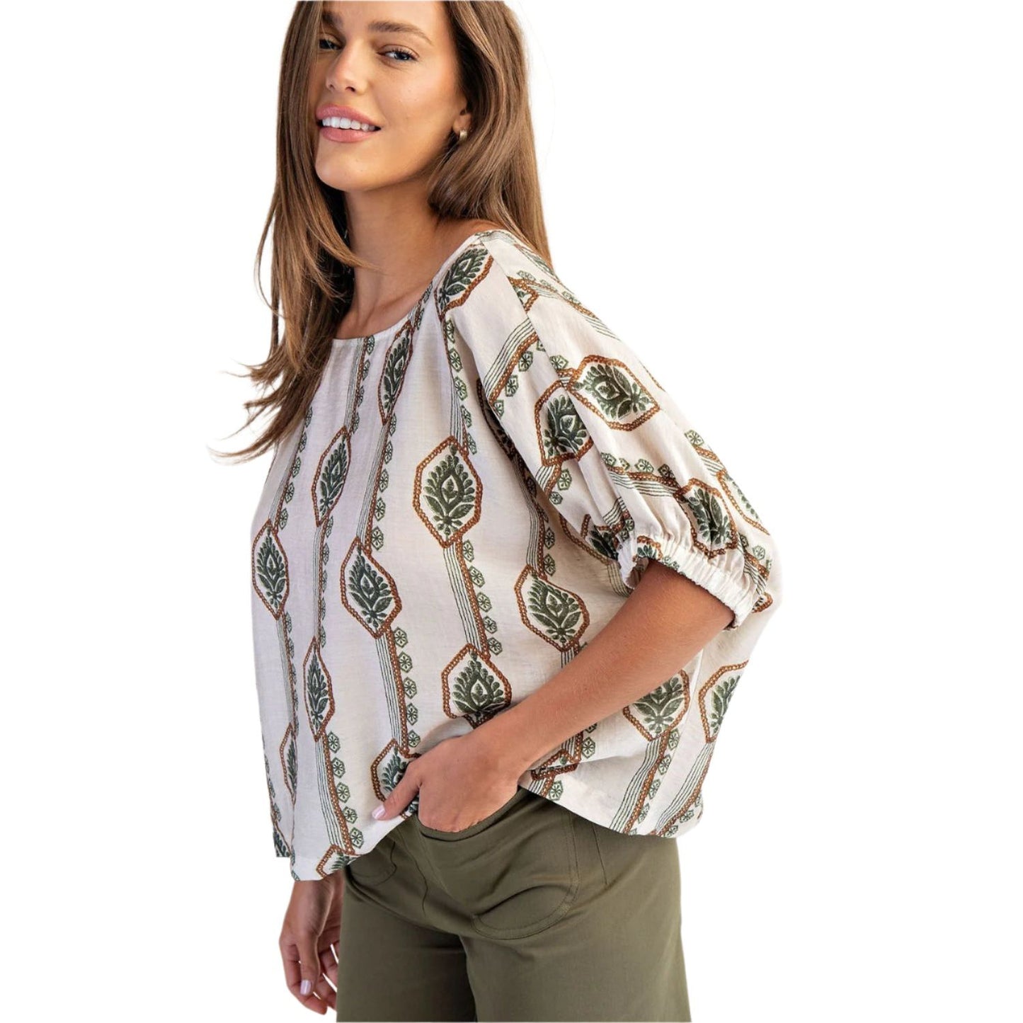 Women's ee:some Geometric Floral Printed Elastic Cuff Blouse TK14564