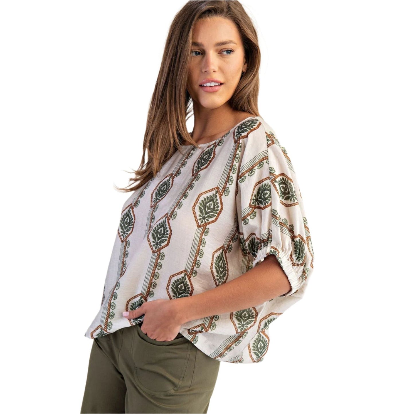Women's ee:some Geometric Floral Printed Elastic Cuff Blouse TK14564
