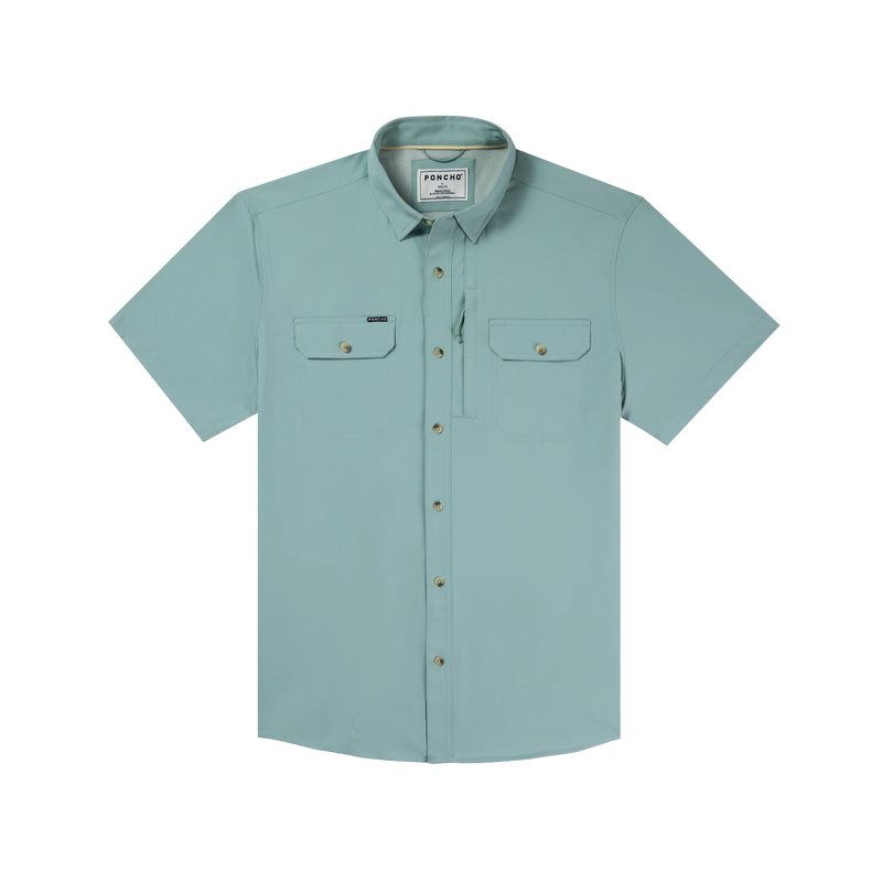 Poncho Men's Short Sleeve The Antilles Washed Teal Button Up Shirt 