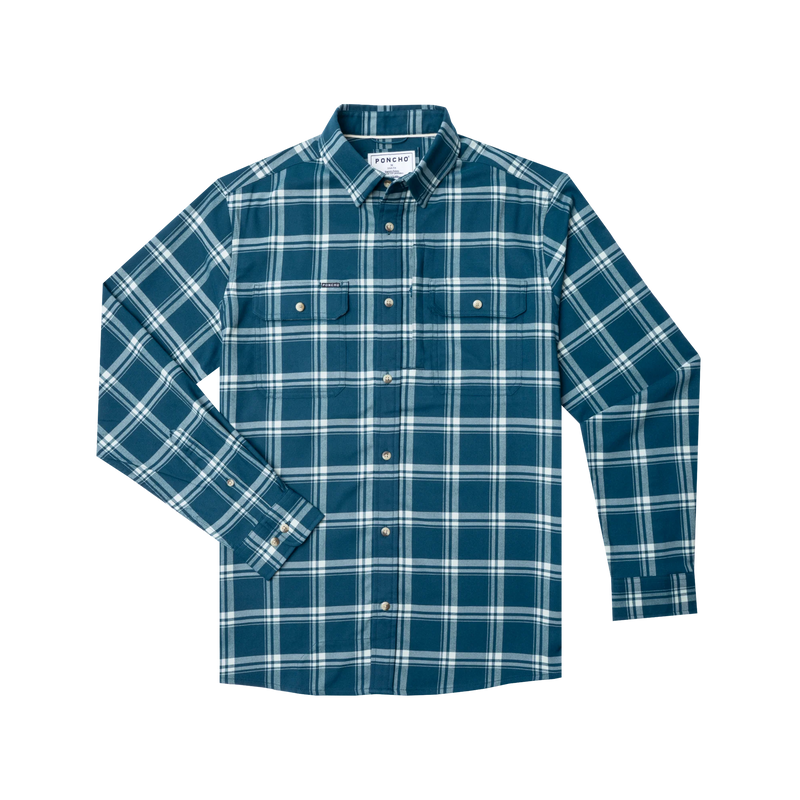 Men's Poncho Blue and White Plaid The Deschutes Button Up Shirt 