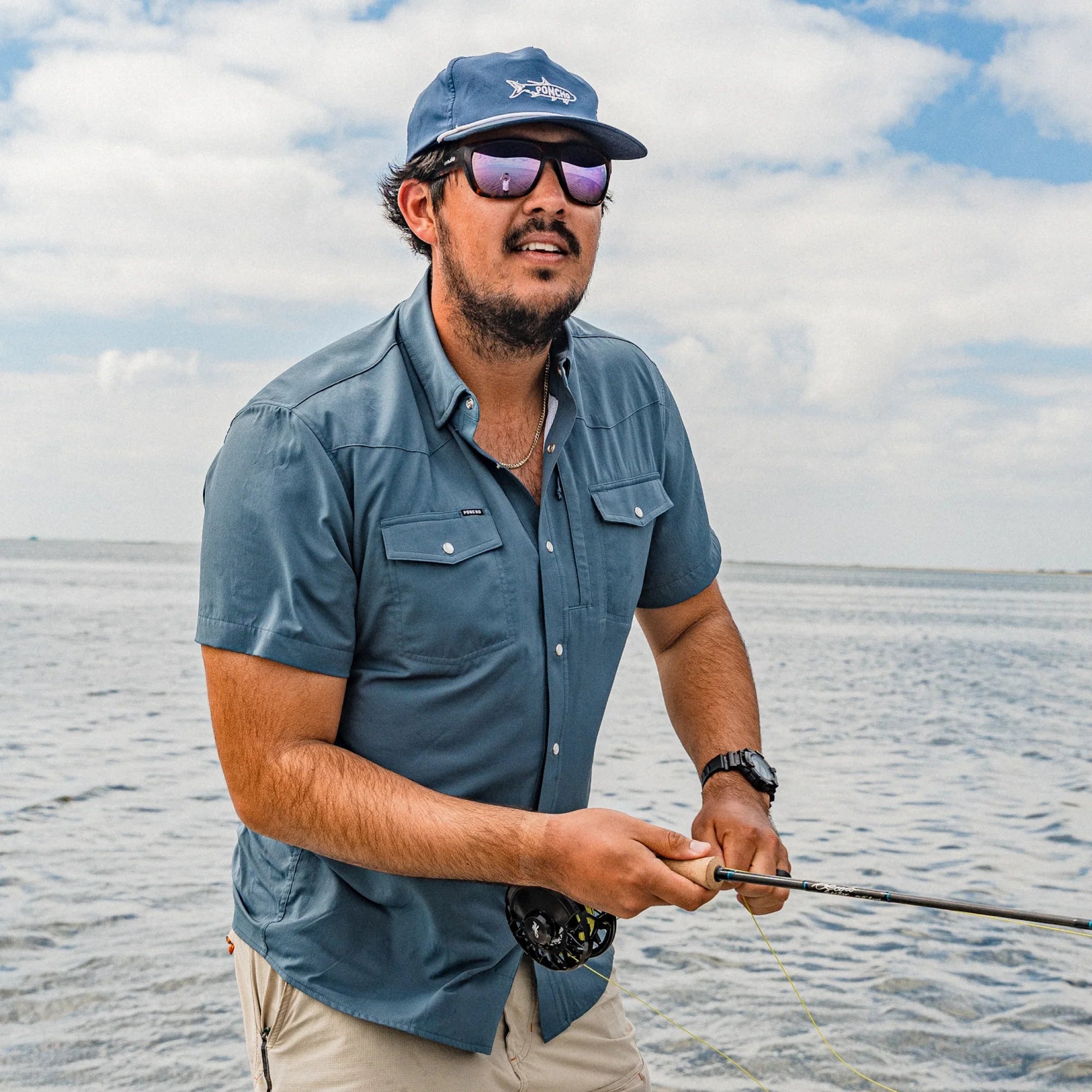 Men's Poncho Slate Blue The Dogtooth Shorto Sleeve Snap Shirt 
