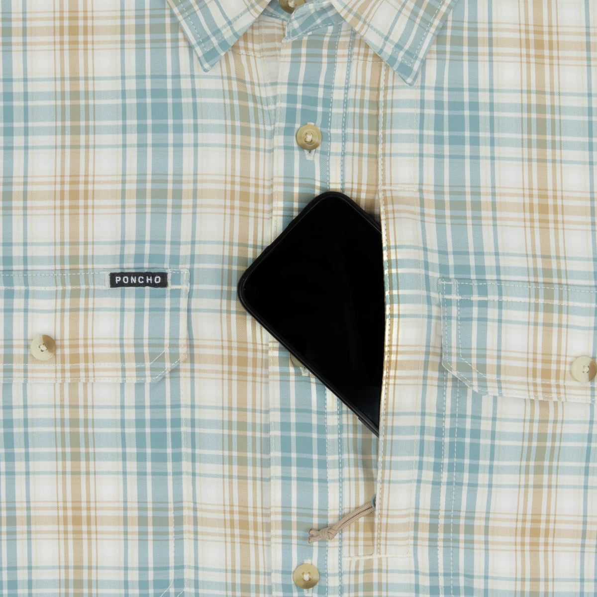Poncho Men's Long Sleeve The Nervous Water Brown and Green Plaid Snap Shirt 