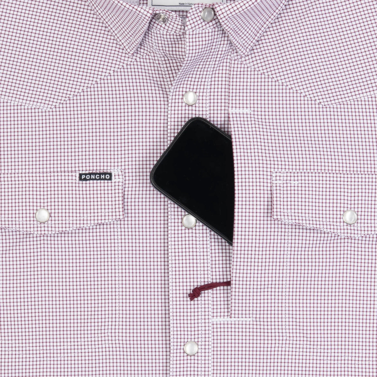 Poncho Men's Maroon Microcheck "The Howdy" Pearl Snap Shirt 