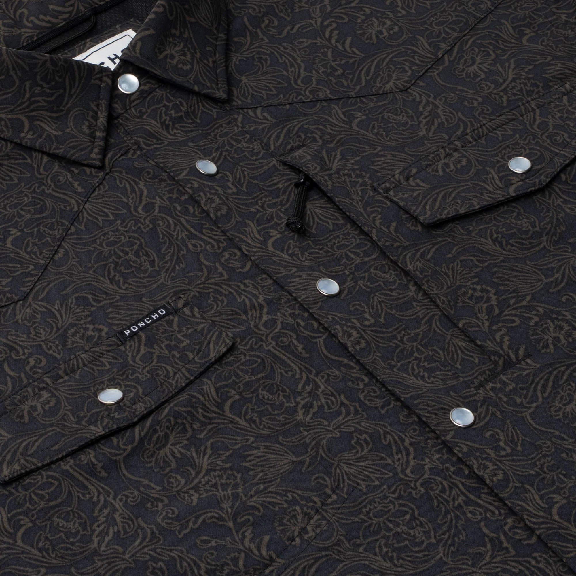 Men's Poncho "The John Coffee" Black Floral Print Short Sleeve Snap Shirt 