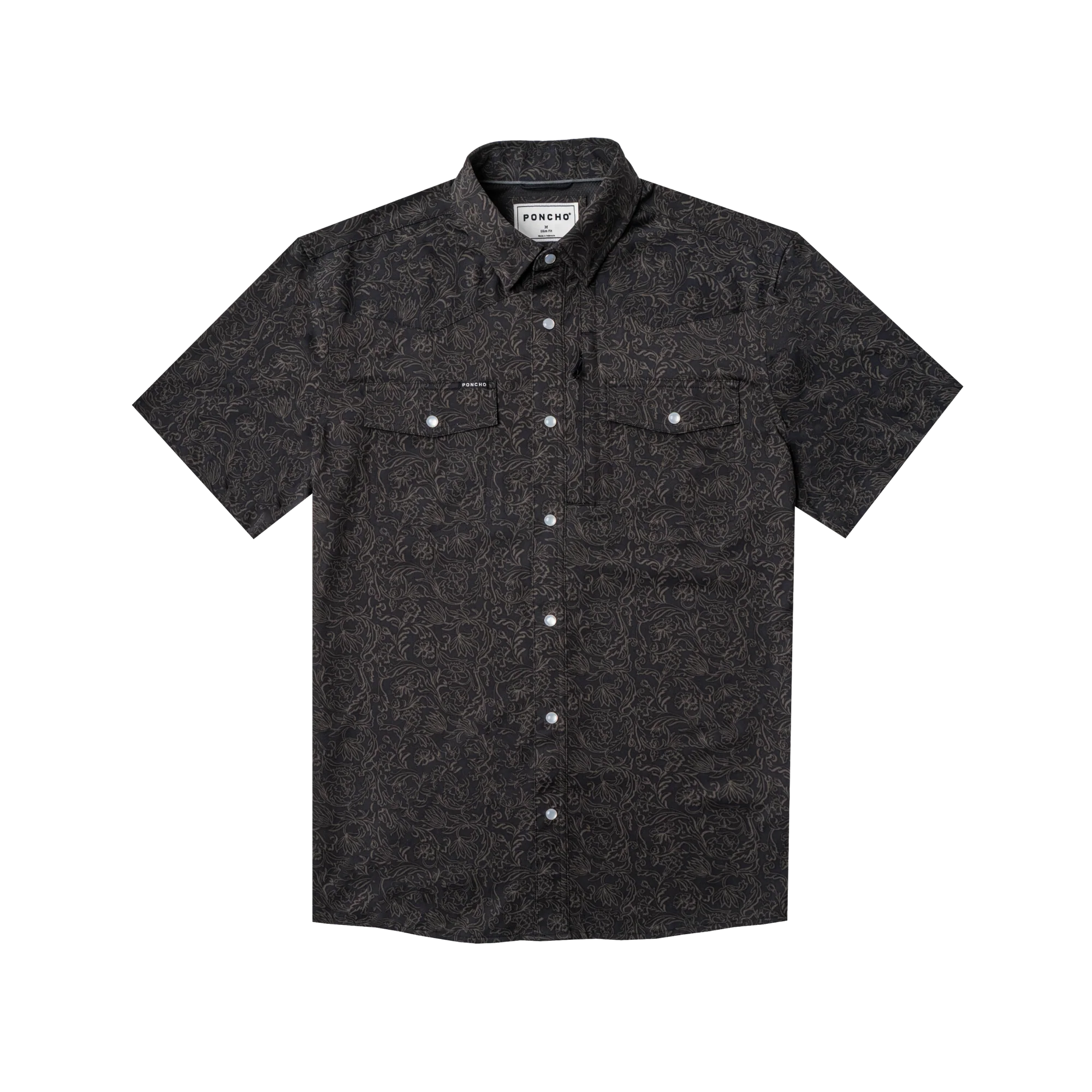 Men's Poncho "The John Coffee" Black Floral Print Short Sleeve Snap Shirt 