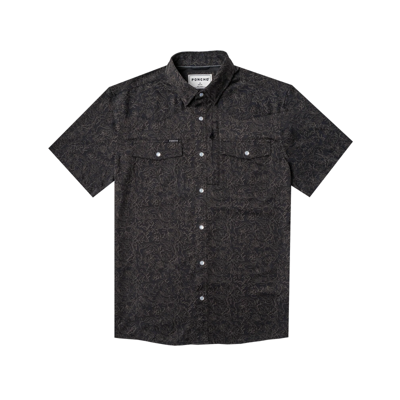 Men's Poncho "The John Coffee" Black Floral Print Short Sleeve Snap Shirt 