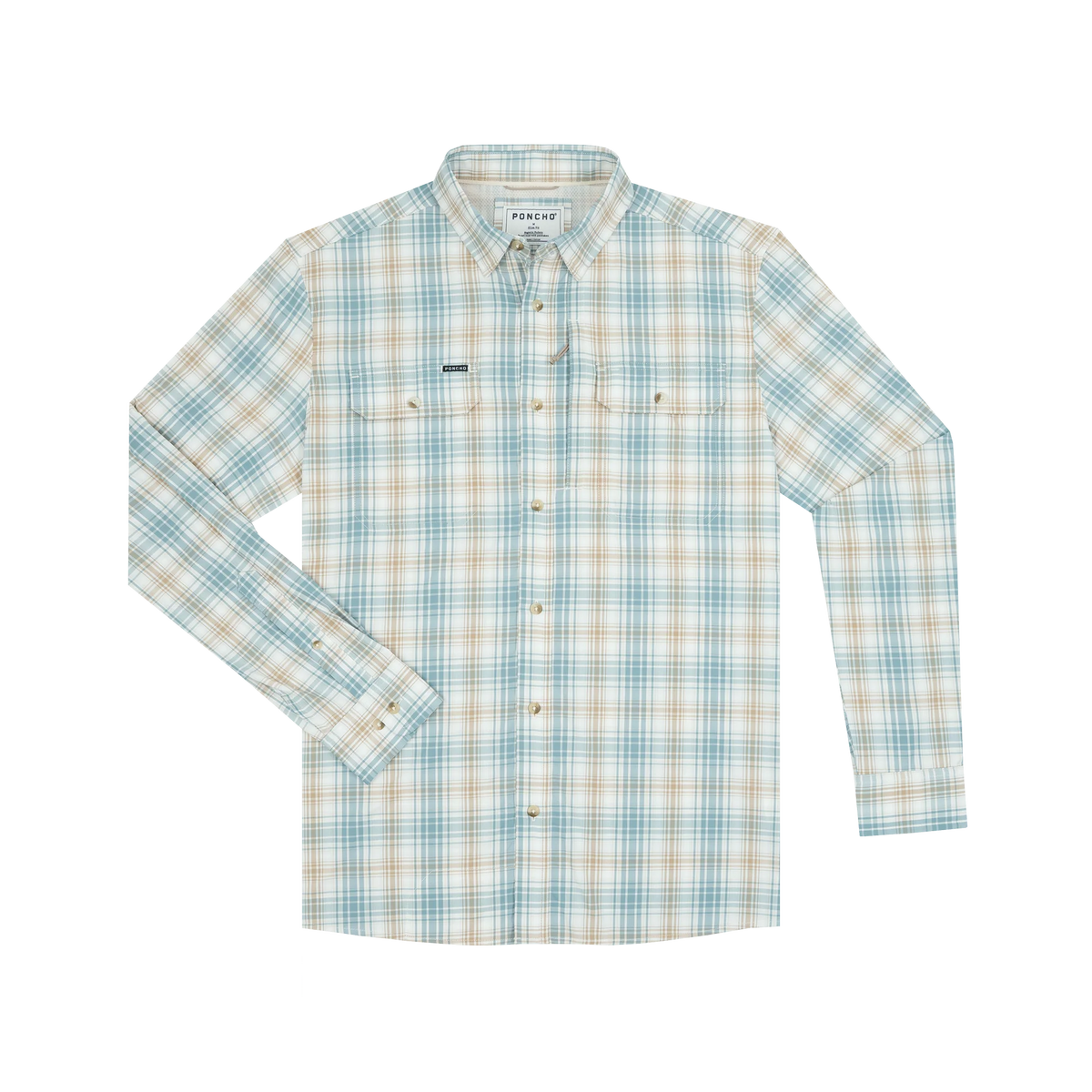 Poncho Men's Long Sleeve The Nervous Water Brown and Green Plaid Snap Shirt 