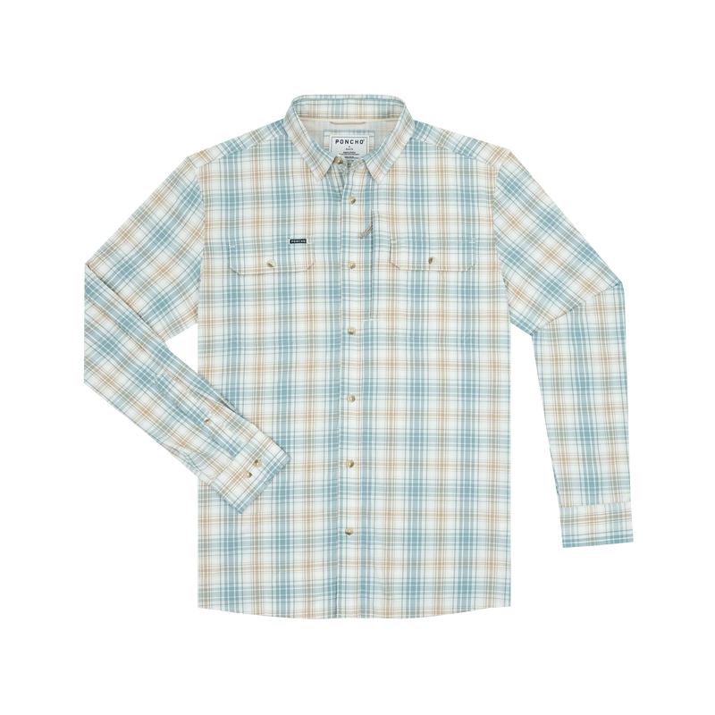 Poncho Men's Long Sleeve The Nervous Water Brown and Green Plaid Snap Shirt 