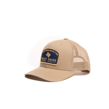 Crazy House Unisex Khaki Snapback with Navy Outfitter Patch - Crazy House Western Wear