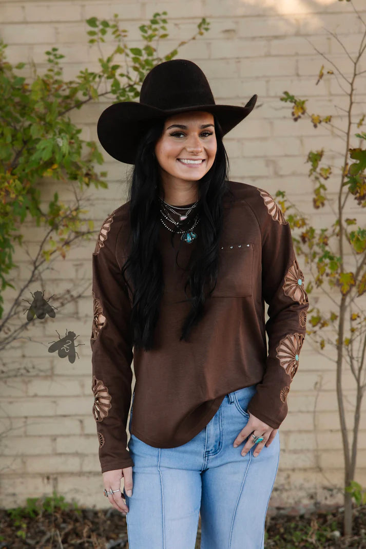 Women's TwoFly Chocolate Brown Wagon Wheel Long Sleeve Blouse 
