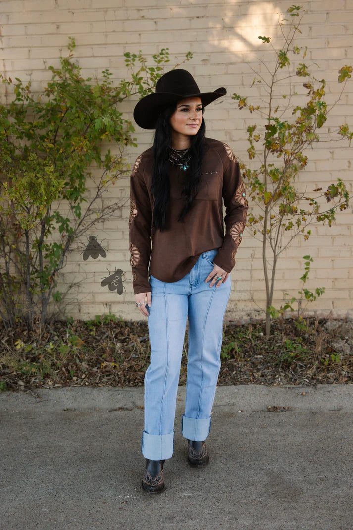 Women's TwoFly Chocolate Brown Wagon Wheel Long Sleeve Blouse 