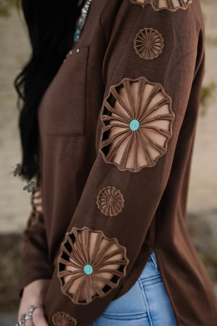 Women's TwoFly Chocolate Brown Wagon Wheel Long Sleeve Blouse 