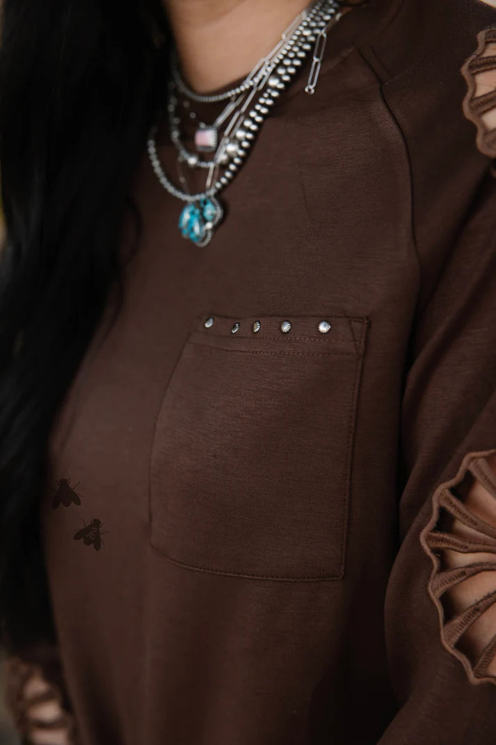 Women's TwoFly Chocolate Brown Wagon Wheel Long Sleeve Blouse 