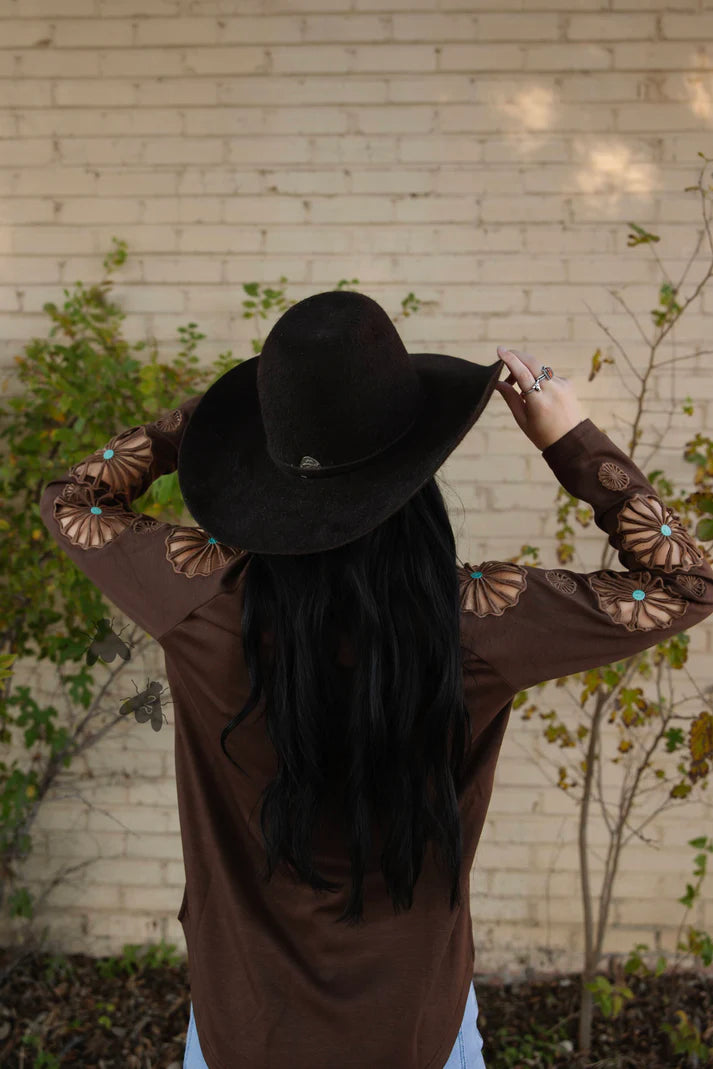 Women's TwoFly Chocolate Brown Wagon Wheel Long Sleeve Blouse 