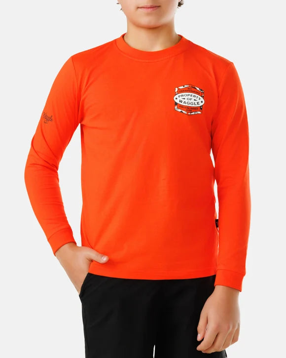 Waggle Boy's Orange Deer Camp Long Sleeve T-shirt 