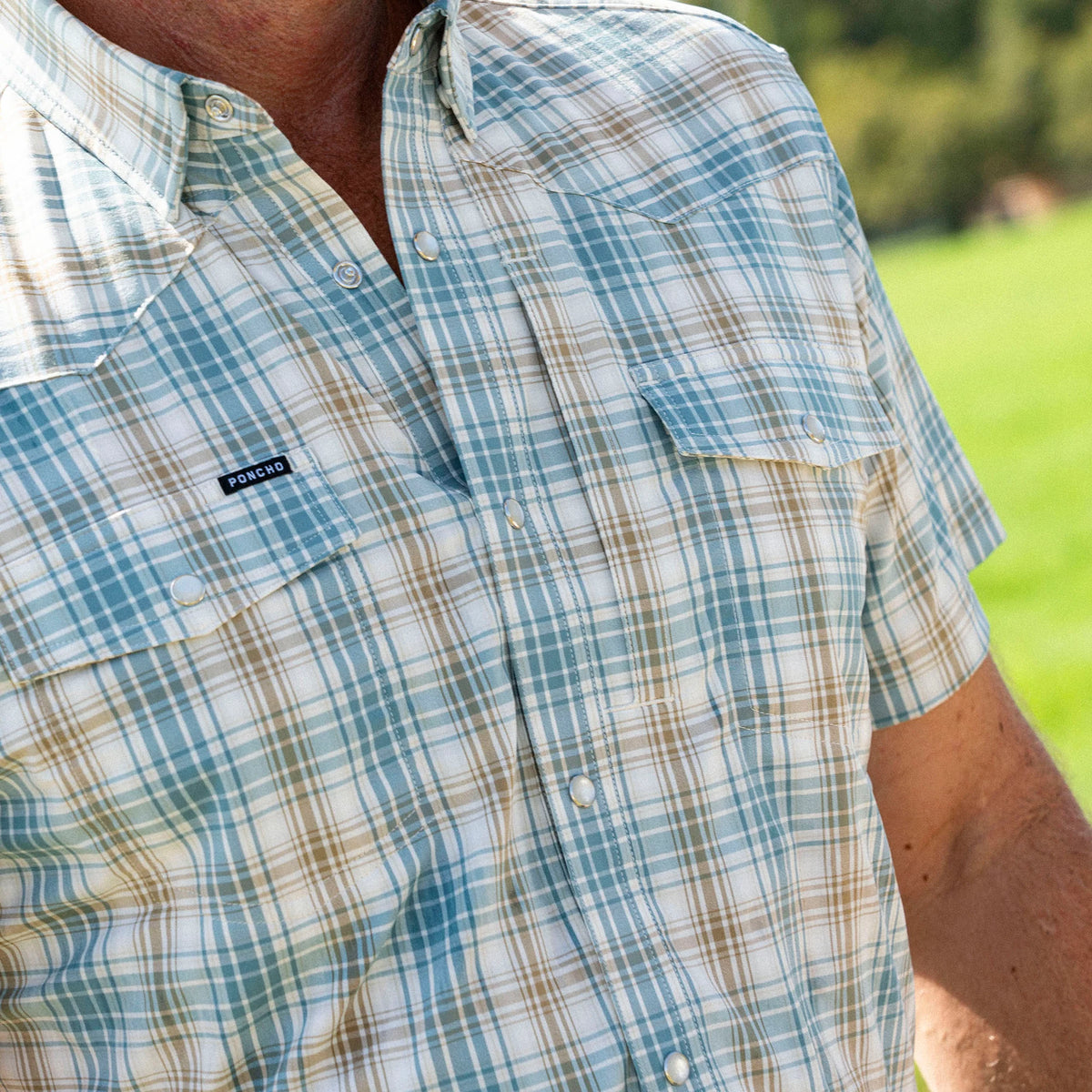 Poncho Men's Brown and Green Plaid "The Sandbar" Pearl Snap Shirt 