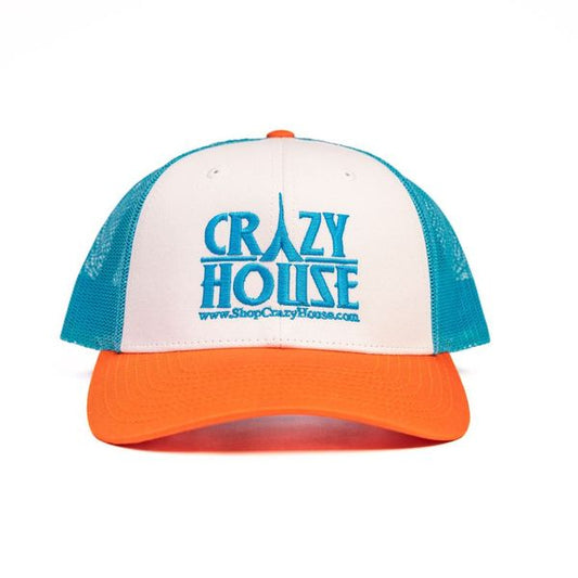 Orange and Teal Trucker Snapback with Crazy House Stitching