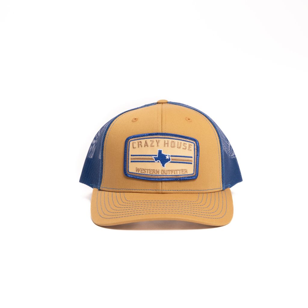 Crazy House Unisex Tan and Blue Cap with Outfitter Patch - Crazy House Western Wear